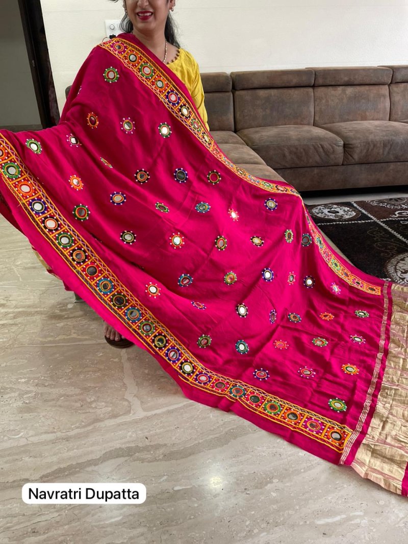 Tew Silk With Embroidery And Foil Mirror Work Navratri Dupatta